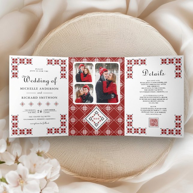 Red and Black Ukrainian Embroidery QR Code Wedding Tri-Fold Invitation (Creator Uploaded)