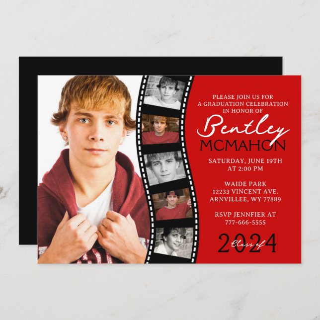 Red and Black Unique Filmstrip 6 Photo Graduation Invitation (Front/Back)