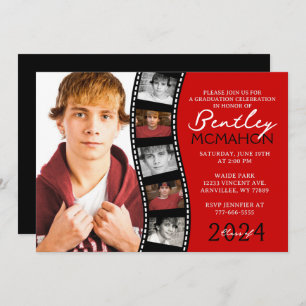 Red and Black Unique Filmstrip 6 Photo Graduation Invitation