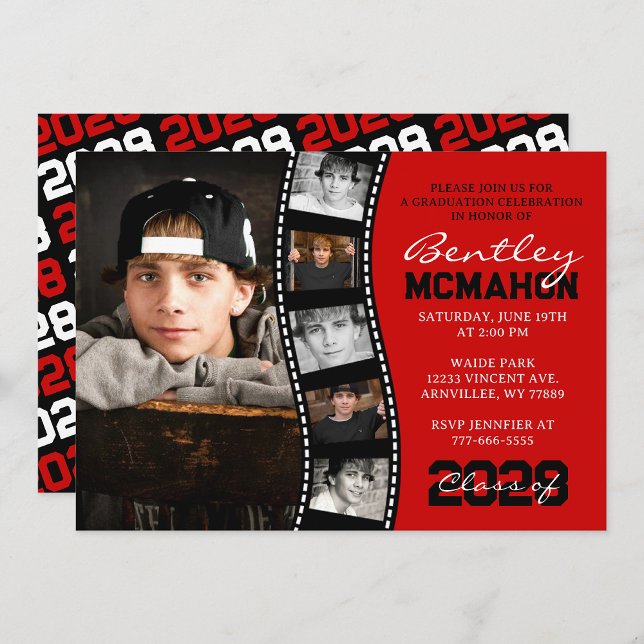 Red and Black Unique Filmstrip 6 Photo Graduation Invitation (Red & Black 6 Photo Filmstrip Collage Graduation Invitation - Printed with Envelopes or Digital)