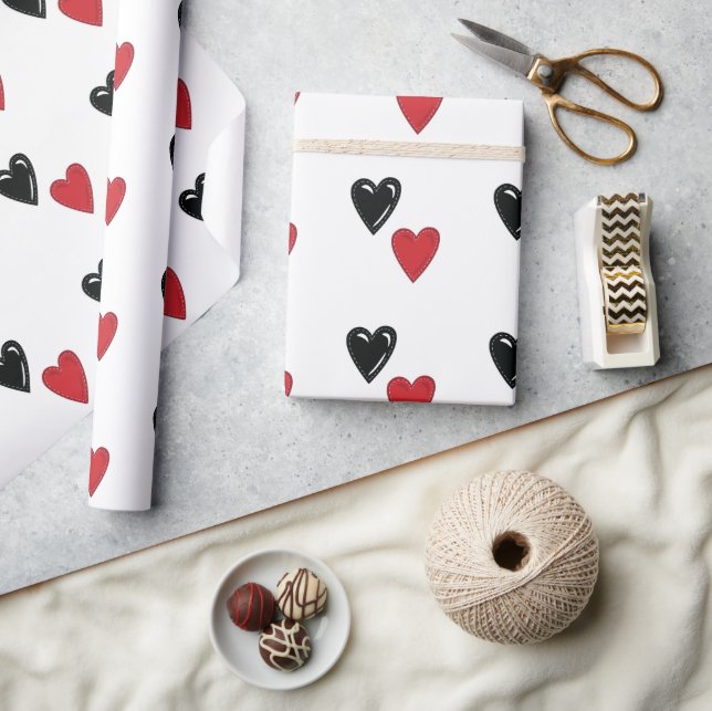 Red and Black Valentine Hearts On White Wrapping Paper (Crafts)