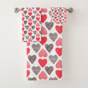 Red and Black Valentine's hearts Pattern Bath Towel Set