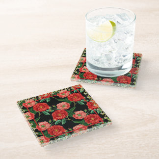 Red and Black Vintage Rose Pattern Glass Coaster