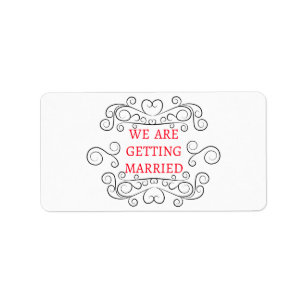 Red And Black Wedding Announcement Swirly Heart Label