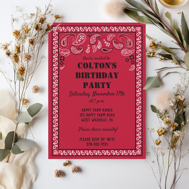 Red and Black Western Bandanna Print Birthday Part Invitation (Creator Uploaded)