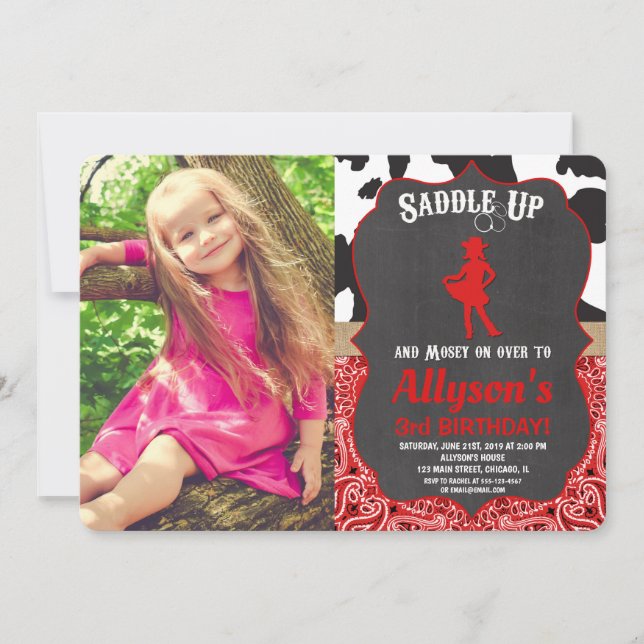 Red and black western cowgirl photo girl birthday invitation (Front)