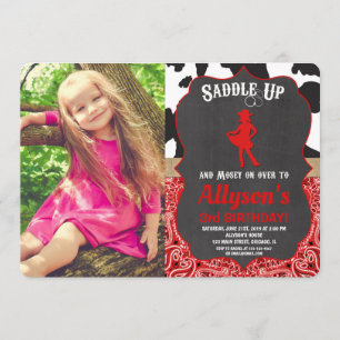Red and black western cowgirl photo girl birthday invitation