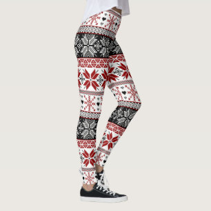 Red and Black Winter Fair Isle Pattern Leggings