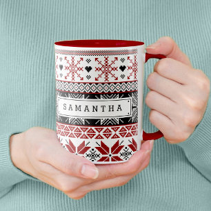 Red and Black Winter Fair Isle Pattern Mug