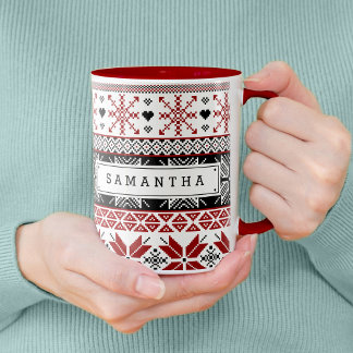 Red and Black Winter Fair Isle Pattern Mug