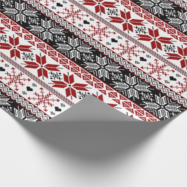 Red and Black Winter Fair Isle Pattern Wrapping Paper (Corner)