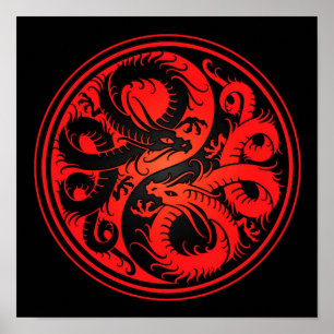 Red and Black Yin Yang Chinese Dragons Poster