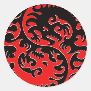 Red and Black Yin Yang Dragon Classic Round Sticker