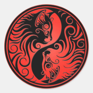 Red and Black Yin Yang Kittens Classic Round Sticker