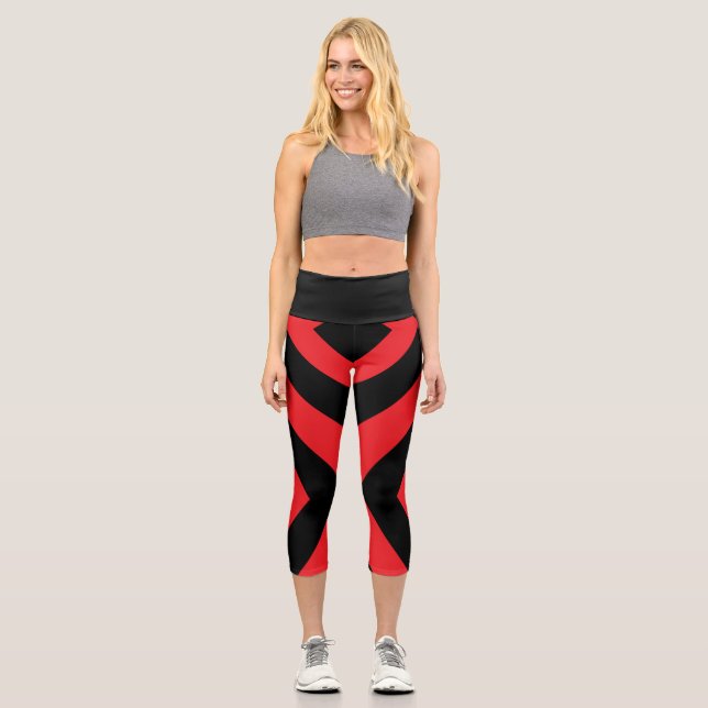 Red and Black Yoga Pant Striped Capri Leggings (Front)