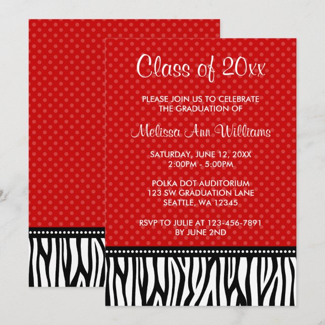 Red and Black Zebra Polka Graduation Announcement (Front/Back)