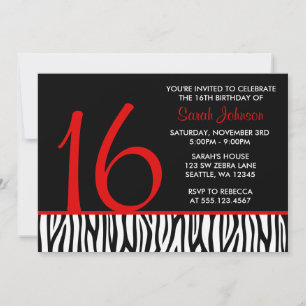 Red and Black Zebra Sweet 16 Number Birthday Invitation