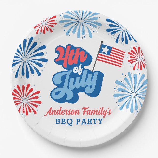 Red and Blue 4th of July Fireworks Retro BBQ Party Paper Plate (Front)