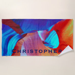 Red and Blue Abstract with Blue Name Beach Towel