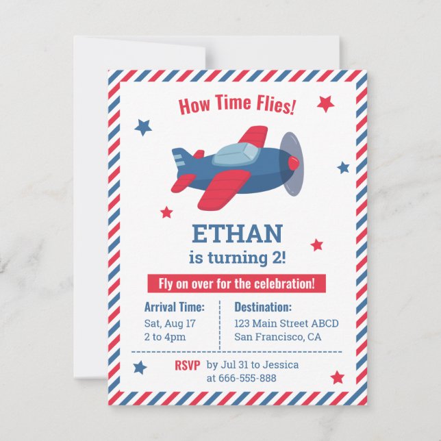 Red and Blue Aeroplane Boys Birthday Party Stripes Invitation (Front)