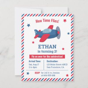 Red and Blue Aeroplane Boys Birthday Party Stripes Invitation