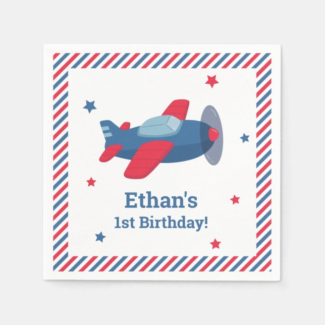 Red and Blue Aeroplane Boys Birthday Party Supplie Napkin (Front)