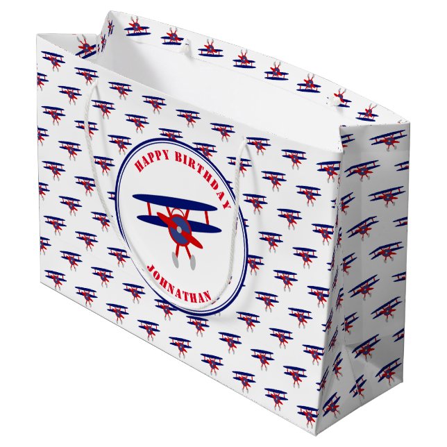 Red and Blue Aeroplanes Custom Birthday Boy Large Gift Bag (Back Angled)