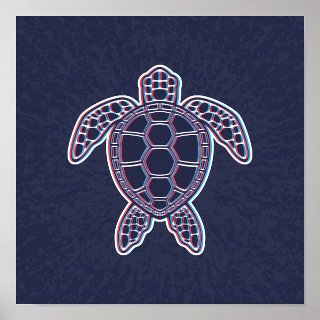 Red And Blue Anaglyph 3D Glitch Effect Sea Turtle Poster (Front)