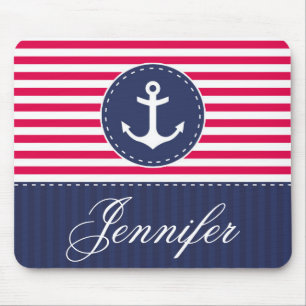 Red and Blue Anchor Design Customizable Name Mouse Mat