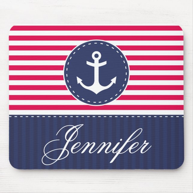 Red and Blue Anchor Design Customizable Name Mouse Mat (Front)