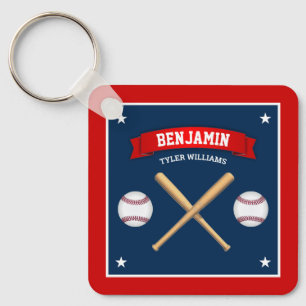 Red and Blue Baseball Bats and Balls Kids Name Key Ring