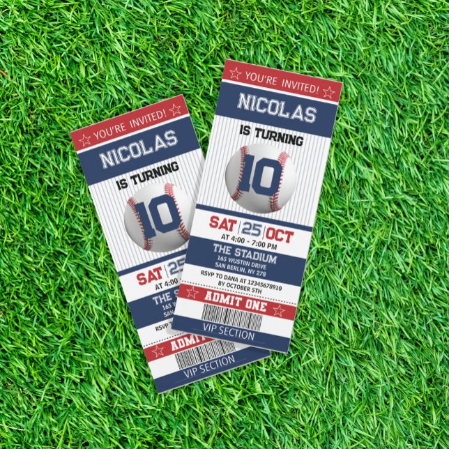 Red and Blue Baseball Ticket Birthday Invitation (Creator Uploaded)