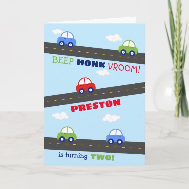 Red and Blue Car Kids Birthday Card (Front)