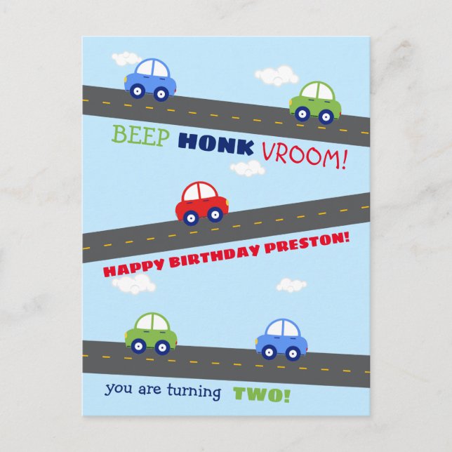 Red and Blue Car Kids Birthday Card (Front)