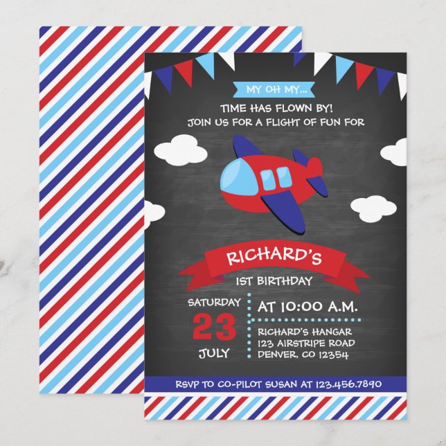 Red and Blue Chalkboard Aeroplane Birthday Party Invitation (Front/Back)