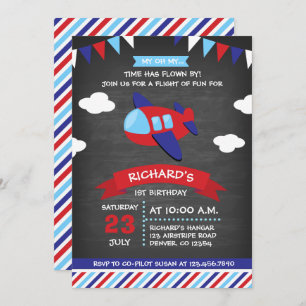 Red and Blue Chalkboard Aeroplane Birthday Party Invitation