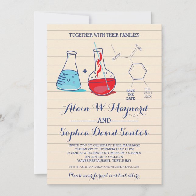 Red and Blue Chemistry Photo Wedding Invites (Front)