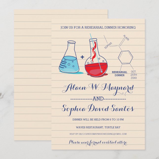 Red and Blue Chemistry Rehearsal Dinner Invites (Front/Back)