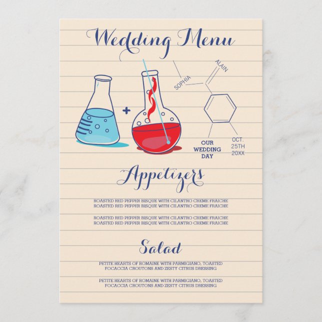 Red and Blue Chemistry Wedding Menu (Front)