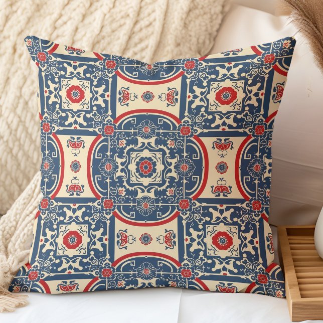 Red and Blue Chinoiserie Chinese Tile Pattern Cushion (Red and Blue Chinoiserie Chinese Tile Pattern Throw Pillow in a boho neutral bedroom.)