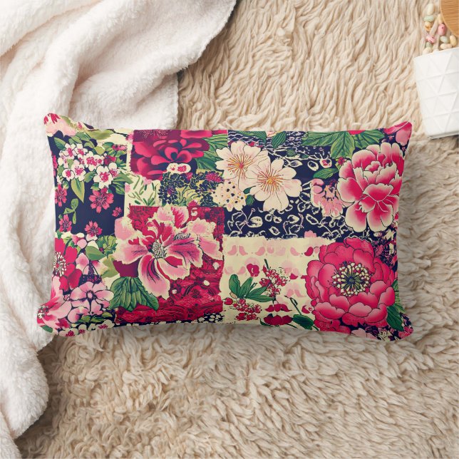 Red and Blue Chinoiserie Patchwork Lumbar Cushion (Blanket)