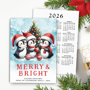 Red and Blue Christmas Penguins Merry and Bright Holiday Card
