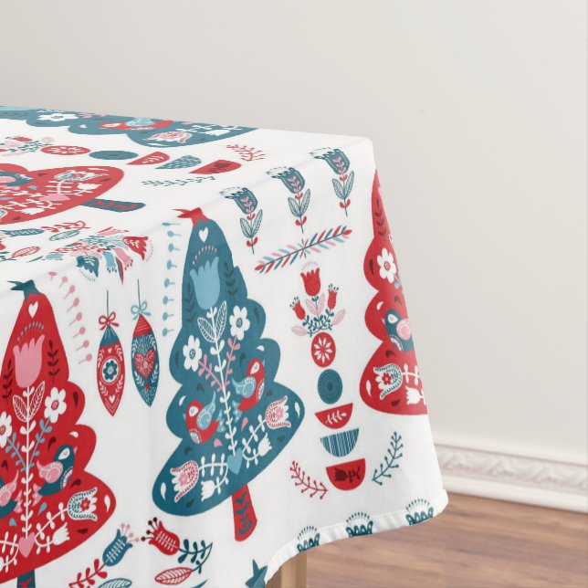 Red and Blue Christmas Tree Folk Art Scandinavian Tablecloth (In Situ)