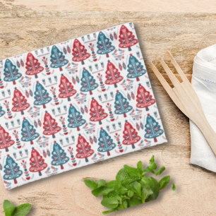 Red and Blue Christmas Tree Folk Art Scandinavian Tea Towel