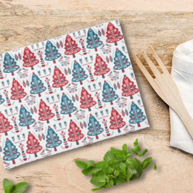 Red and Blue Christmas Tree Folk Art Scandinavian Tea Towel (Creator Uploaded)