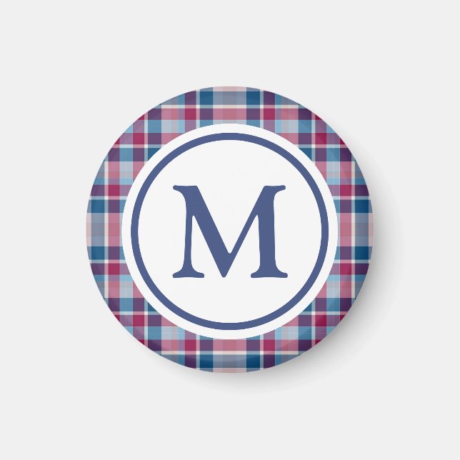 Red and Blue Classic Plaid Monogram Magnet (Front)