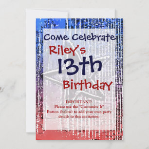 Red and Blue Cool Rustic Star Pop Art Print Invitation