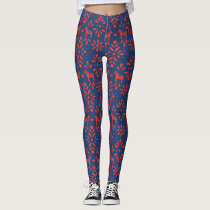 Red and Blue Dala Horse Folk Art Pattern Leggings