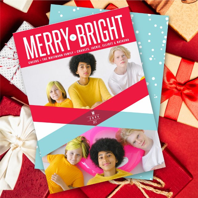Red And Blue Double Arrows Merry And Bright Photo Holiday Card (Creator Uploaded)