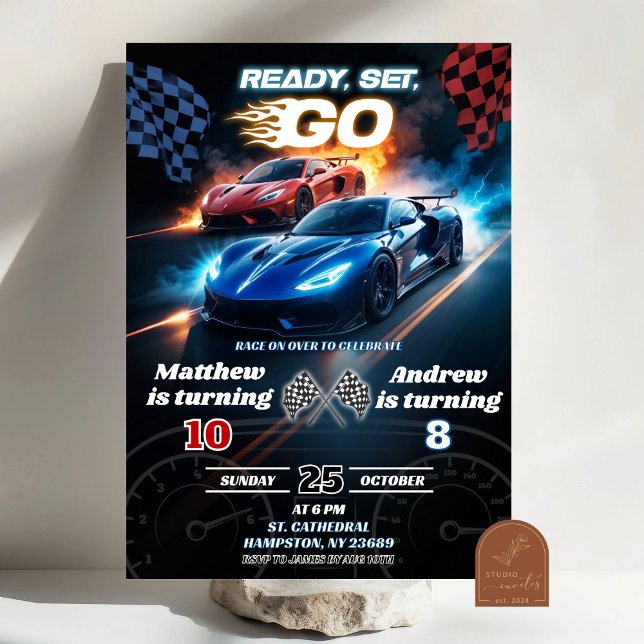 Red and Blue Fast Race Car Joint Birthday Invitation (Creator Uploaded)